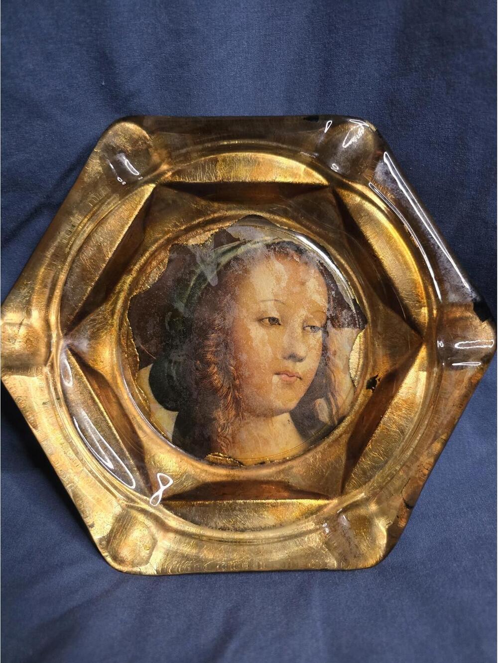 Vintage Glass Ashtray with Renaissance Portrait And Felt Bottom 8.25"